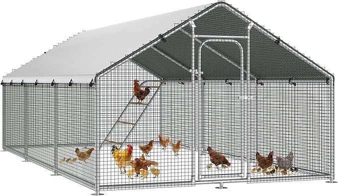 Large Metal Chicken Coop Run with Roosting Perch, Outdoor Poultry Cage with Waterproof & UV-Resistant Cover for Chickens, Ducks, Rabbits in Yard or Farm Use, Spire Roof(8.9'W x17.7'L x 6.6'H)