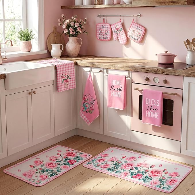 10 Pcs Pink Rose Kitchen Decor Set Towels and Rugs Oven Mitts and Pot Holders Farmhouse Spring Kitchen Decor Set for Women Mom Gift Cooking Baking Grilling