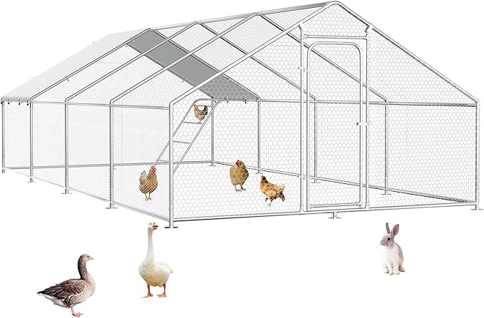 Large Metal Chicken Coop Run with Roosting Perch– Outdoor Waterproof & UV-Resistant Cover for Chickens, Ducks, Rabbits, and Hens in Yard or Farm Use Spire Roof(13.1'Wx26.2'Lx 6.5'H)