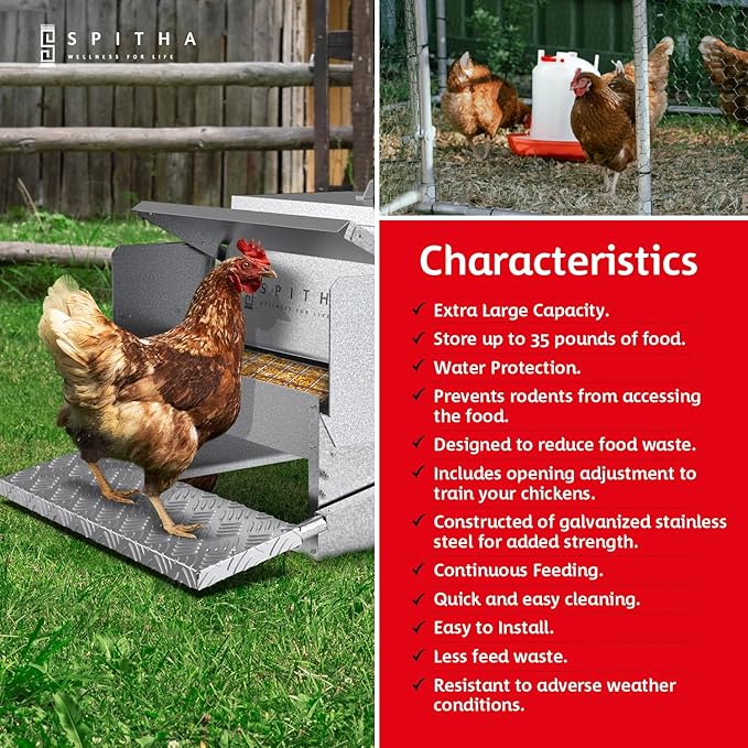 Automatic Chicken Feeder-Chicken Coop Accessories 40 lbs Treadle Chicken Feeders No Waste Steel Poultry Feeder Rodent Proof Weatherproof Comederos para Gallinas Supports 8-13 Chickens 12 Day