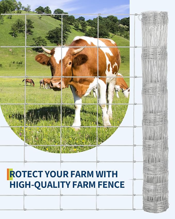 Farm Fence, 4FT x 164FT x 0.39IN White Welded Wire Fence Roll - Zinc Galvanized No-Climb Animal & Poultry Netting for Horses, Sheep, Chickens - Heavy Duty Yard Protection & Garden Grid Fencing