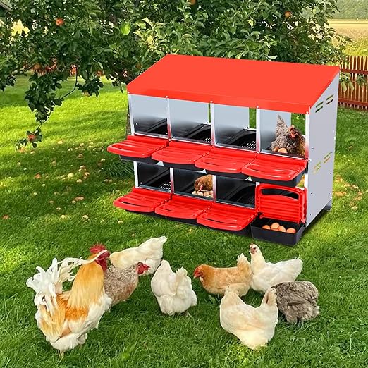Garvee Chicken Nesting Boxes, 8 Hole Metal Chicken Laying Box with Removable Trays for Chicken Coop, Red