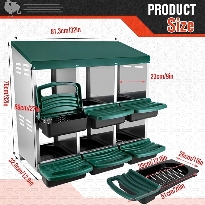 Chicken Nesting Box - 6 Hole Metal Roll Away Egg Laying Box for Hens, Heavy Duty Chicken Coop Nesting Box with Perch & Ventilation, Rust-Proof Poultry Nest (Green)