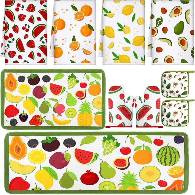 10 Pcs Fruit Kitchen Dish Towels Rugs Oven Mitts and Pot Holders Set Farmhouse Kitchen Decor Set for Women Mom Daughter Gift Cooking Baking Grilling(Lively Color)