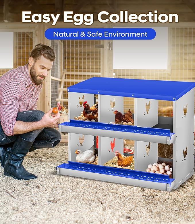 Chicken Nesting Box for Laying Eggs, 6 Compartment Metal Nesting Box,Wall Mount Chicken Nesting Boxes,Easy Egg Collection,Laying Boxes for Chickens Coop to Protect Eggs (Blue, 6 Compartment)