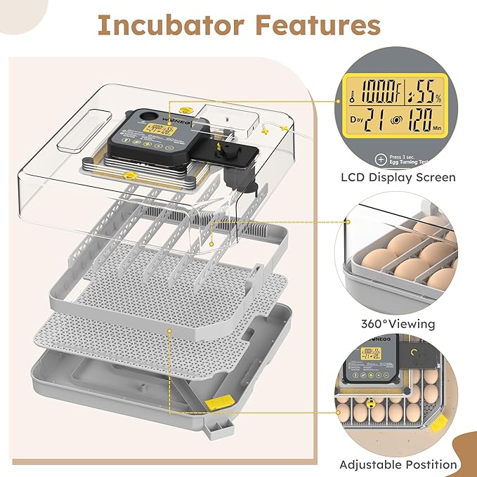 Egg Incubator for Hatching 48 Chicken, Duck, Quail & Goose Eggs – Automatic Egg Turner, Humidity & Temperature Control, Built-in LED Candler, Auto Water Refill, 360° Clear View Digital Poultry Hatcher