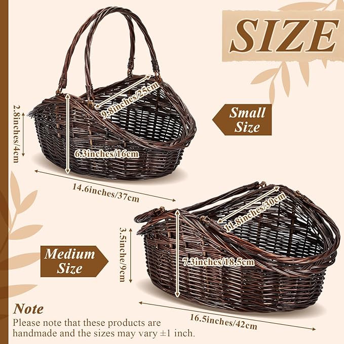 Juexica 2 Pcs Wicker Basket Set - Harvest Baskets for Gathering, Foraging, Garden Trug, Easter, Flowers, Fruit, Storage & Organizing Gift, Large & Medium Dark Brown
