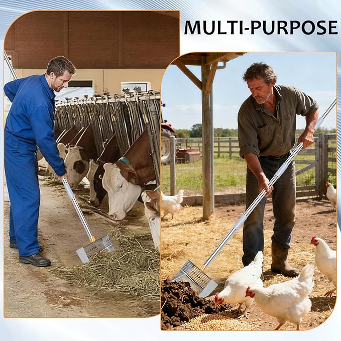 Chicken Coop Poop Scooper - 10" Wide Heavy Duty Metal Chicken Poop Scoop, 5-Level Adjustable Stainless Steel Handle (32" to 75"), 5-in-1 Multifunctional Litter Sifter for Coops