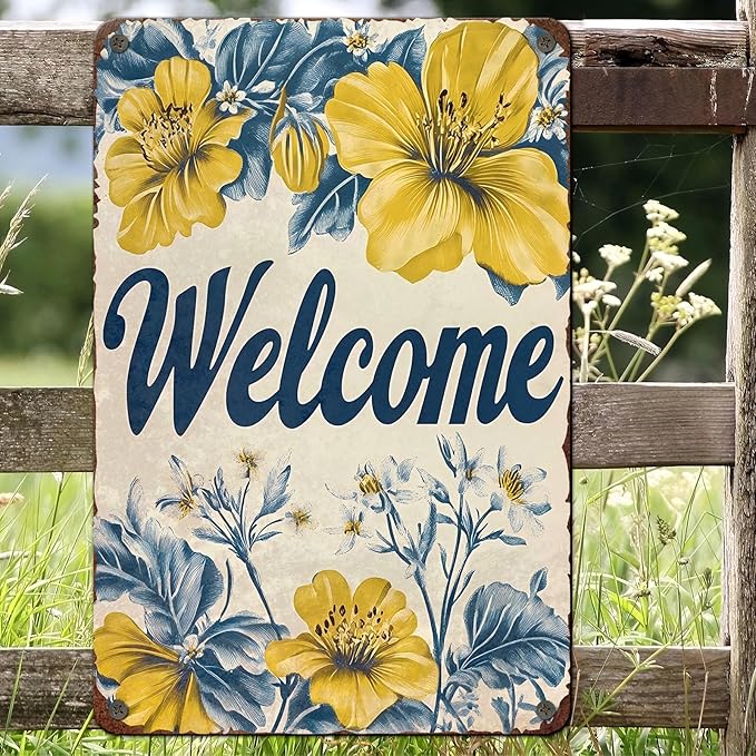 Flowers Vintage Tin Sig Welcome Metal Tin Sign Retro Sign for Home Bar Office Outdoor Wall Decor 12x16inch