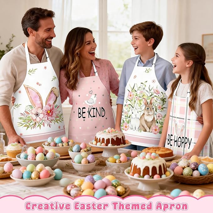 Easter Aprons Set of 4, Bunny with Easter Eggs Pattern Kitchen Aprons for Adults, Easter Decorations for Home, Bunny Gifts, Spring Table Decor