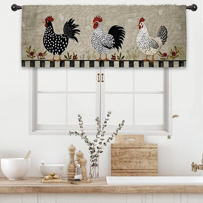 Rooster Chicken Kitchen Curtain Valance 54W x 18L Inch Farmhouse Rustic Country Rural Rod Pocket Short Cafe Small Window Treatment Drapes Decor