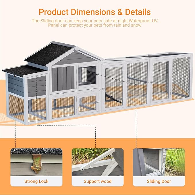 Large Wooden Chicken Coop Outdoor Hen House with Run, Waterproof Roof & Nesting Box, Secure Lock, Removable Tray, Ramp & Perch for 2–4 Chickens or Small Pets (Gray, 113.5")