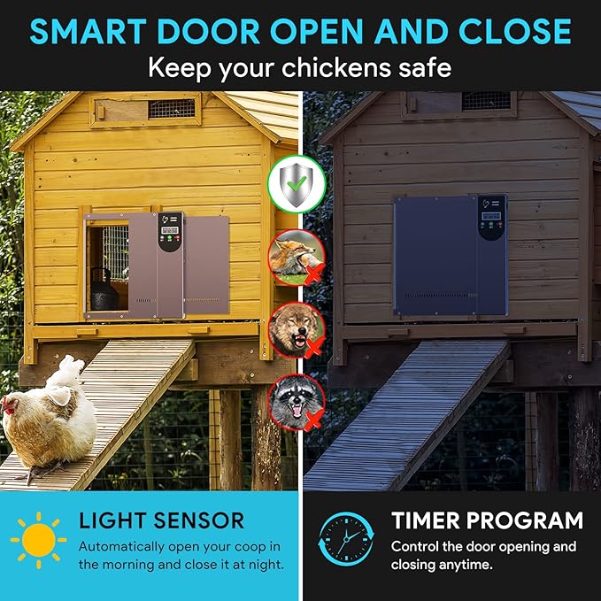 Automatic Chicken Coop Door Solar - Powered and Electric Opener with Light Sensor and Timer, Chicken Coop Accessories for Safe and Easy Access with Remote Control and LCD Display