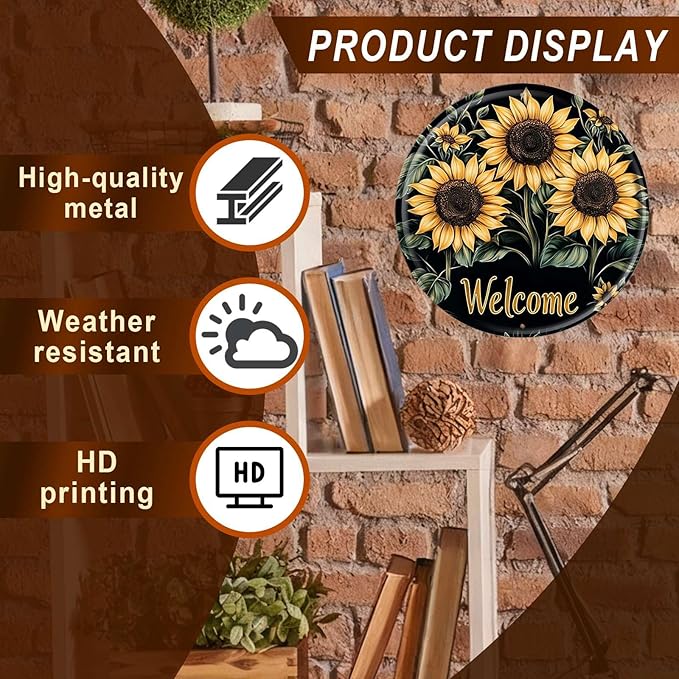 Sunflower Round Metal Tin Sign Wreath Welcome Metal Tin Sign Vintage Aluminum Wall Art for Home Garden Porch Yard Fence Retro Wall Decor 12x12inch
