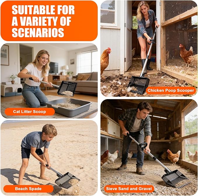 Chicken Poop Scooper,10-INCH Adjustable Angle Chicken Coop Scoop,3-in-1 Sand Rake with Stainless Steel Handle(36"-63"),Chicken Coop Litter Scoop Sand Sifting Shovel Pooper Scooper