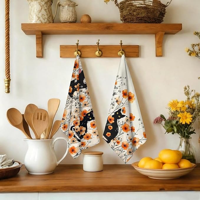 Black Cat Kitchen Towels Decorative Set of 4, Burnt Orange Floral Dish Towels Dish Cloths for Drying Cleaning, Soft Absorbent Cute Hand & Tea Towel, Cat Lover Kichen Decor & Gifts for Women