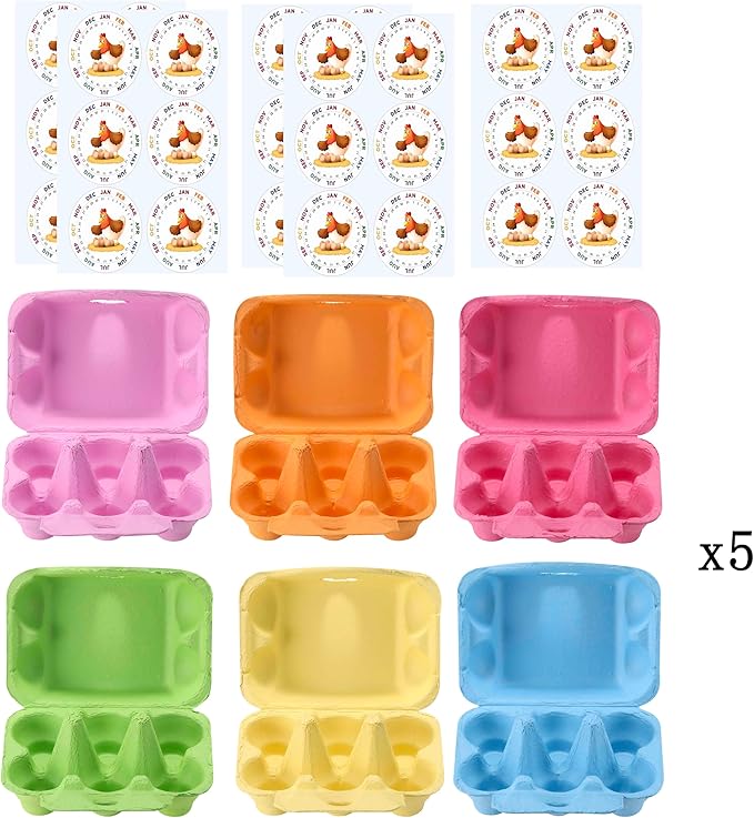 Half Dozen Egg Cartons 30 Pack, Colorful Blank Natural Pulp Egg Holder 6 Count for Chicken Eggs Reusable, Easter Color Storage Box for Holds Up to Six Container Basket Cardboard Paper, 30 Labels