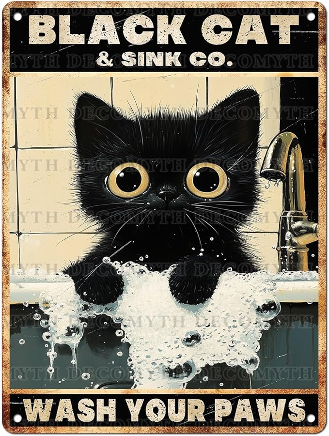Vintage Black Cat Tin Sign Wash Your Paws Retro Wall Decor Decorations for Home Funny Cats Lovers Poster Indoor Store Cafe Toilet Bathroom Restroom Bar Pubs Farmhouse Farm Shop 12 * 16inch
