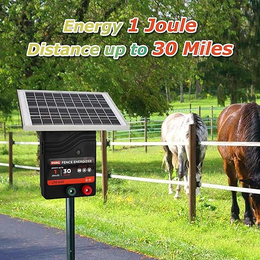 30 Miles Solar Electric Fence Charger, 1 Joule Portable Solar Fence Charger, Solar Electric Fence Kit, with 10W Solar Panel for Livestock, Preventing Predators from Intruding