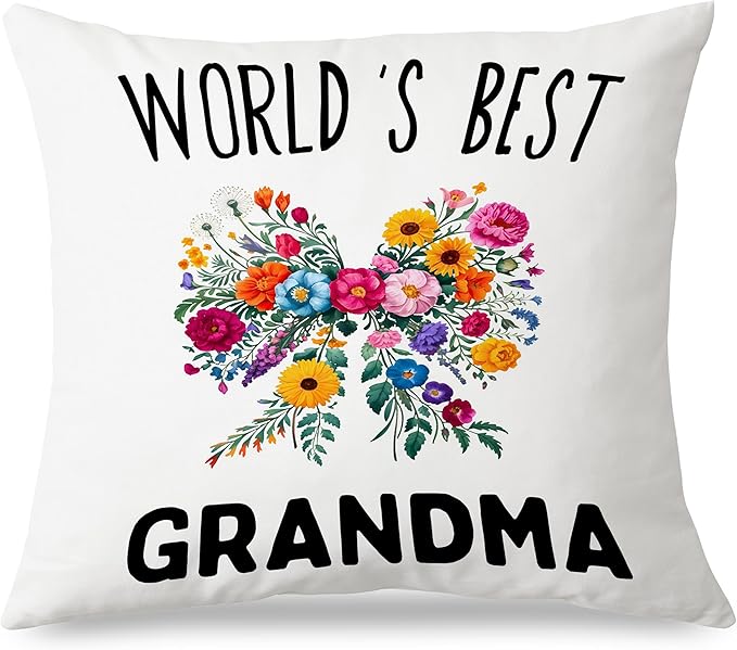 World's Best Grandma Pillow Covers 18x18, Best Grandma Gifts for Birthday Mother's Day from Grandkids, Coquette Colorful Flower Bow Grandmother Throw Pillow Covers for Home Bedroom Living Room