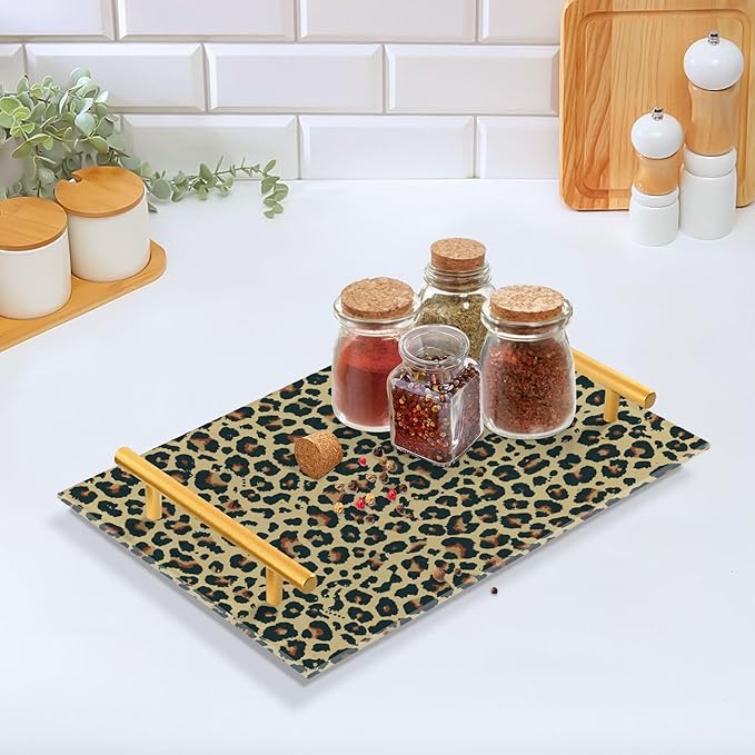 Bathroom Vanity Tray Counter Organizer, Leopard Decor Decorative Tray with Handles Countertop Storage for Bathroom Bedroom Kitchen Home Farmhouse