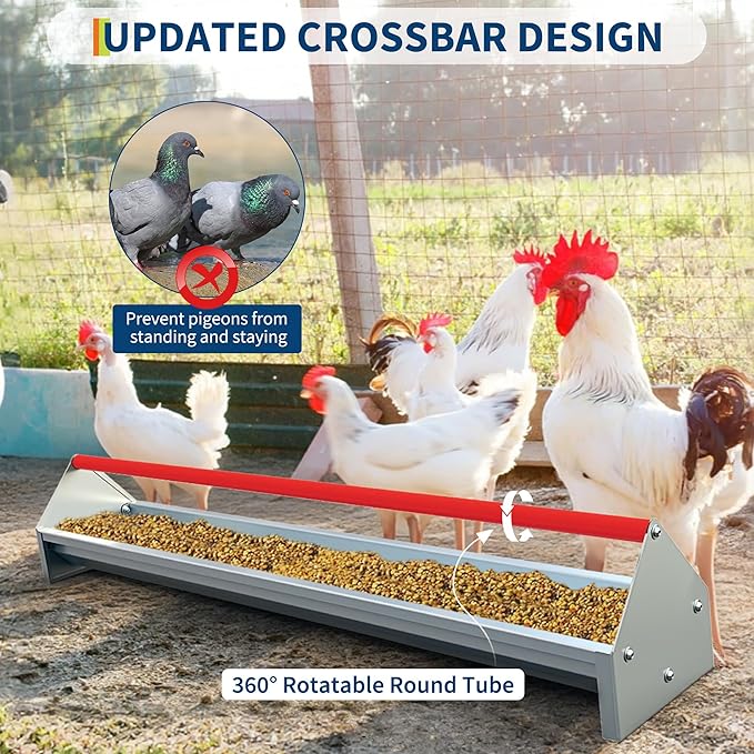 Chicken Feeding Trough 45 Inch, Heavy Duty Galvanized Steel Coop Feeder with Crossbar & Drainage Holes, Large Capacity Metal Poultry Trough Feeder for Ducks, Birds Red