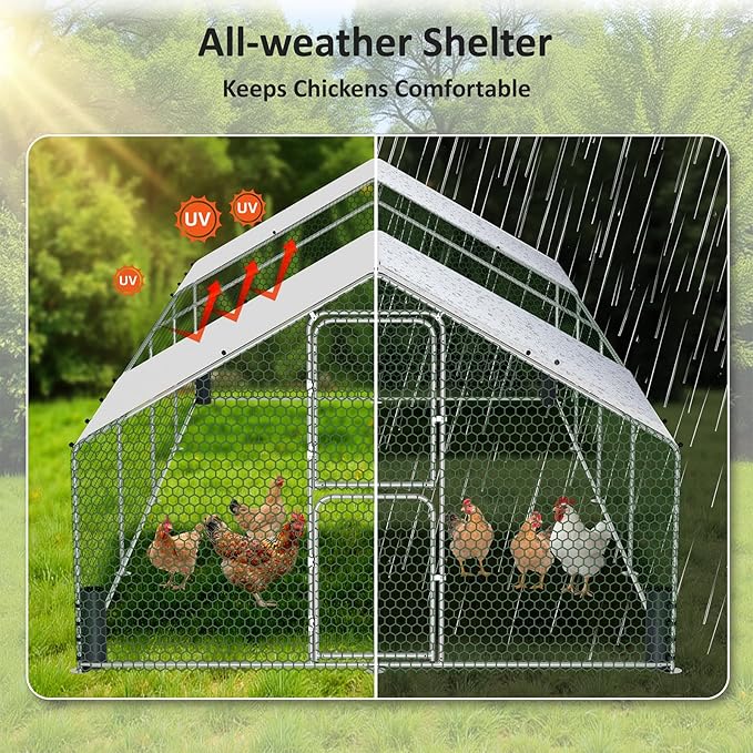 Large Metal Chicken Coop, Walk-in Chicken Run with Feeding Door, Security Lock and Cover, Outdoor Duck/Rabbit Cage Poultry Pen for Backyard, Farm, Yard (Silver - Spire Roof, 26.2 x 9.8 x 6.5 FT)