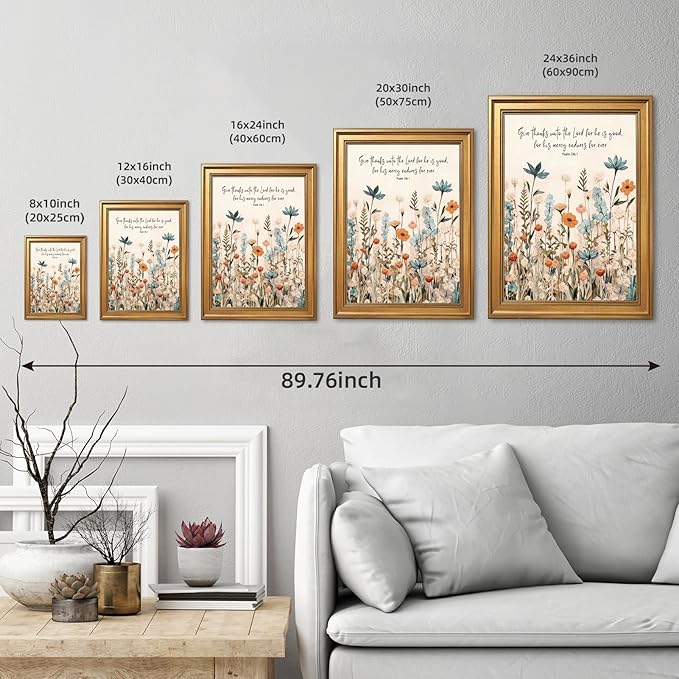 Framed Christian Scripture Wall Art Painting Give Thanks to the Lord Psalm 1361 Floral Print Inspirational Bible Verse Picture Poster Wildflower Faith Decor Canvas Artwork for Home Office 12x16inch