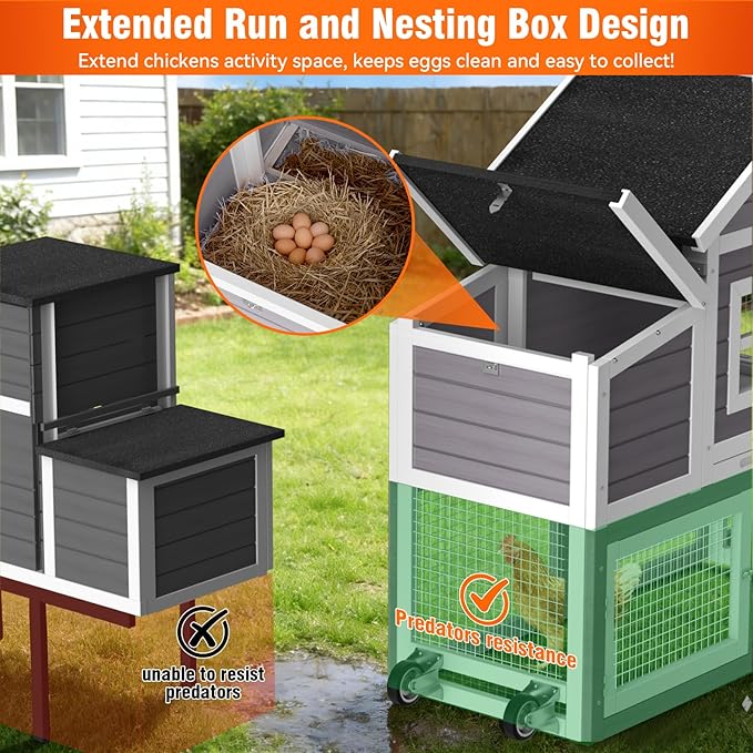 Chicken Coop for Outdoor, Mobile Poultry Cage with Wheels, Nesting Box, Weatherproof Roof and Leakproof Pull-on Tray for 4-6 Chickens, 78.7" L x 21.5" W x 43.7" H (Grey)