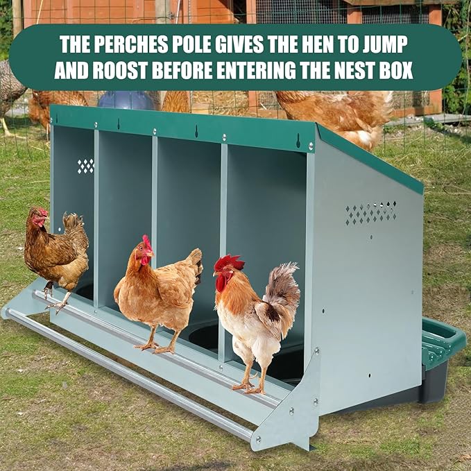 Chicken Nesting Box, 4 Holes Nesting Boxes, Heavy Duty Metal Laying Boxes, Roll Away Nesting Box Egg Collection Tray, with Roosting Pole for Chicken Coop(Green)