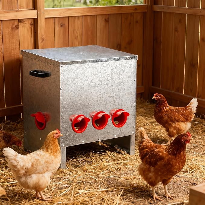 VINGLI Chicken Feeder with 5 Feeding Ports, 85 lb No Waste Large Capacity Metal Poultry Feeder with Handles and Lid for Backyard Chickens and Poultry (5 Ports)
