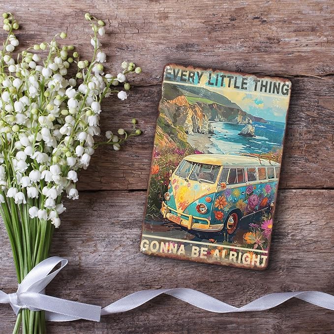 Sanwarm Metal Sign 8X12 Inch, Bus Hippie Flower Vintage Tin Sign Wall Art Decor for Home, Living Room, Kitchen, Garden, Bedroom, Office, Hotel, Cafe And Pub Decoration