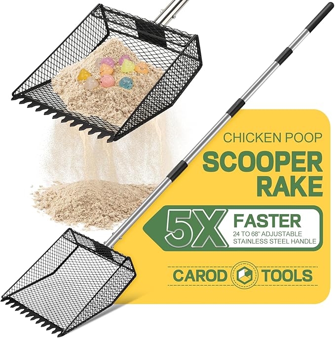 Updated Chicken Poop Scooper and Rake, 2-in-1 Chicken Poop Litter Scoop Sand Rake, Stainless Steel Handle (43–73"), Litter Scooper & Sand Sifting Shovel, Good for Chicken Coops & Farm Animals Scoop