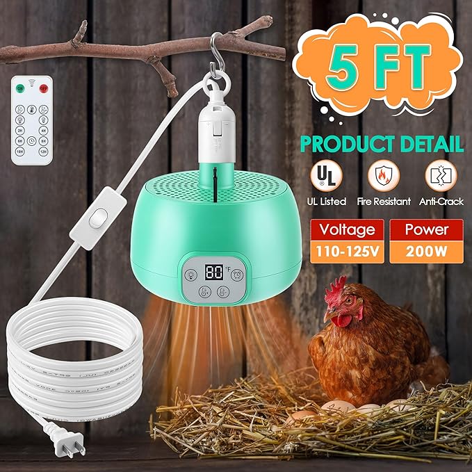 1 Pack Chicken Coop Heater with Remote Control, Timing Chicken Heat Lamp, Smart Temperature Control Chick Brooder Heater, 5 ft Ultra Long Cable Reptile Heating Lamp for Chicks Duck Dog Pet