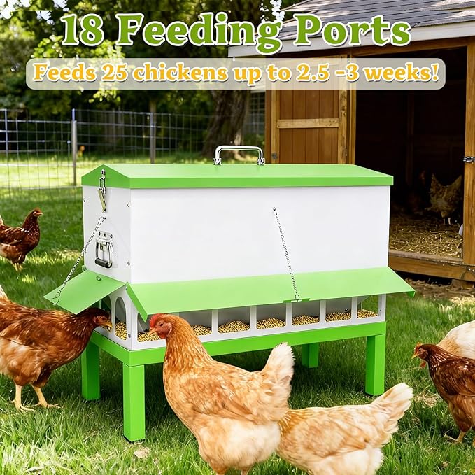 Metal Chicken Feeder 110lb,No Waste Automatic Large Capacity Chicken Feeder with 18 Ports & Locking Lid, Galvanized Poultry Equipment,Weatherproof,Rodent Proof, Rat Proof, Comederos para Gallinas