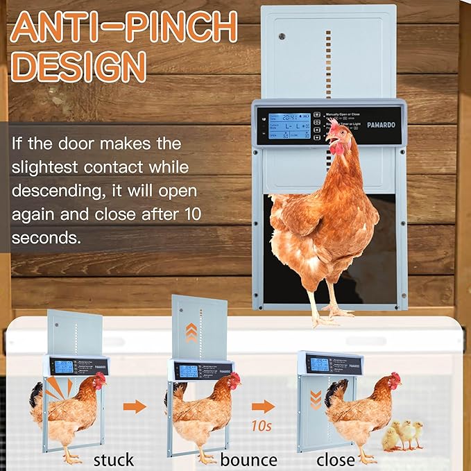 Automatic Chicken Coop Door, LCD Display, 5 Modes, Timer & Light Sensor, Solar Powered & Battery Charging Chicken Coop Door, Weatherproof Automatic Chicken Door with Remote Control
