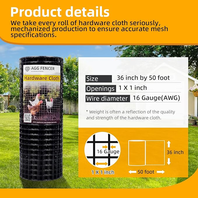 36in x 50ft Black Hardware Cloth 1 inch 16Ga PVC Coated Wire Mesh Vinyl Coated Fence, Welded Metal Chicken Wire Fencing Roll, Garden Plant Fencing, for Chicken Coop and Home Improvement