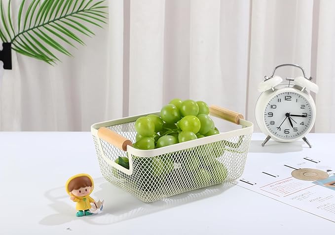 Metal Mesh Steel Basket, Small Wire Storage Organizer Basket Multi-function Hanging Kitchen Basket with Wood Handle for Kitchen Bathroom Picnic Home, Rectangle-Off White