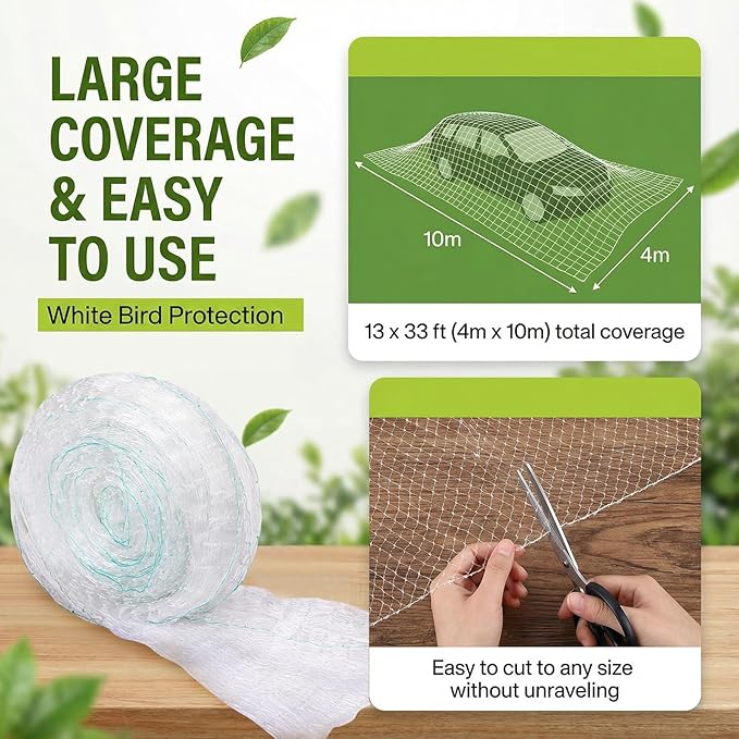 GWHOLE 33 x13 Ft Bird Netting for Garden Tree and Plant Protection, Garden Netting with 1 Inch Mesh Net for Anti Bird Chicken Deer