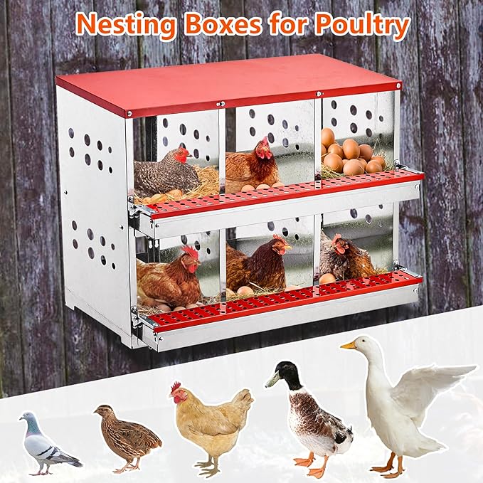 Garvee Nesting Boxes for Chickens, 6 Compartment Roll Out Away Chicken Nesting Boxes for Laying Eggs, Nesting Gift Boxes for Hens Duck Poultry, Metal Heavy Duty Chicken Coop with Perch