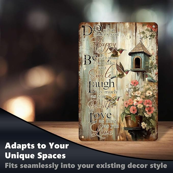 Vintage Garden Tin Sign Do What Makes You Happy Retro Hummingbird Metal Poster Rustic Nostalgic Metal Sign Wall Decor For Home Garden Plaque Yard Living Room Bedroom Cafe Bar 12 * 8 In