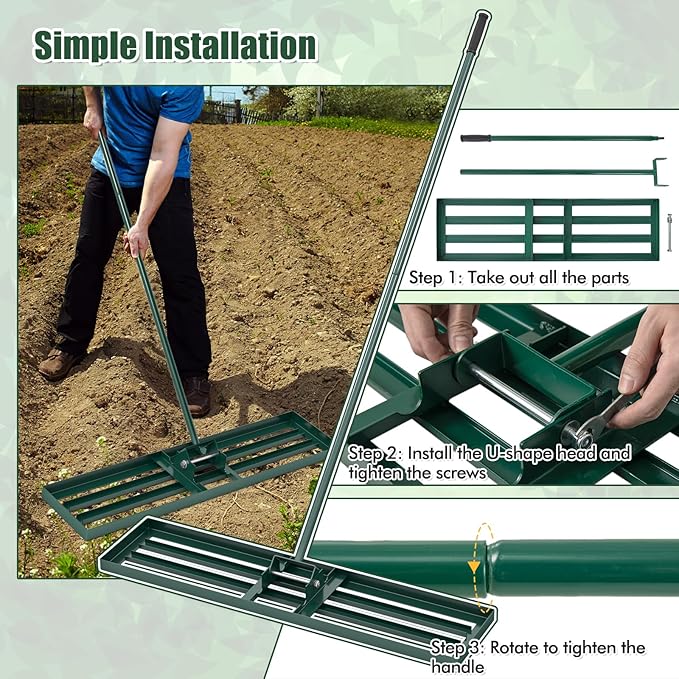 Happygrill Lawn Leveling Rake, Heavy Duty Lawn Level Tool for Soil w/67” Handle, Dirt Ground Leveler, Effort-Saving Landscape Rake for Garden, Backyard, Golf Course, Farm, Pasture (42" x 10", Green)