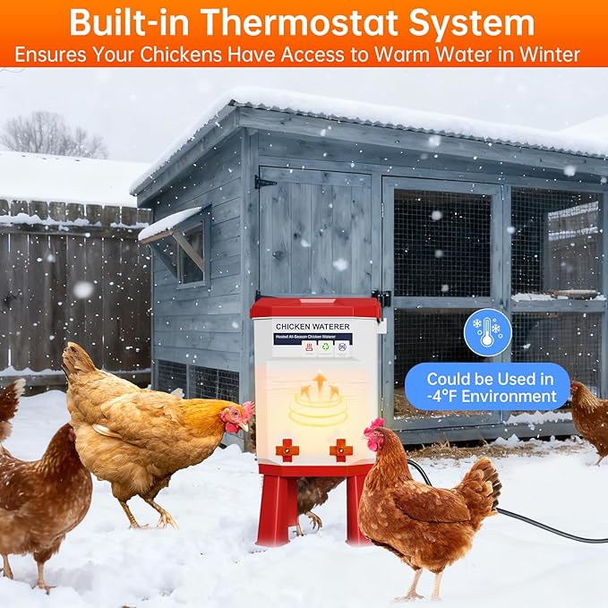 Heated Chicken Waterer, 2 Gallon Thermostatic Poultry Drinker with 4 Nipples, Outdoor Winter Water Heater with Leg Base for Chickens, Ducks, Geese, Turkeys, Anti-Freeze Automatic Watering System
