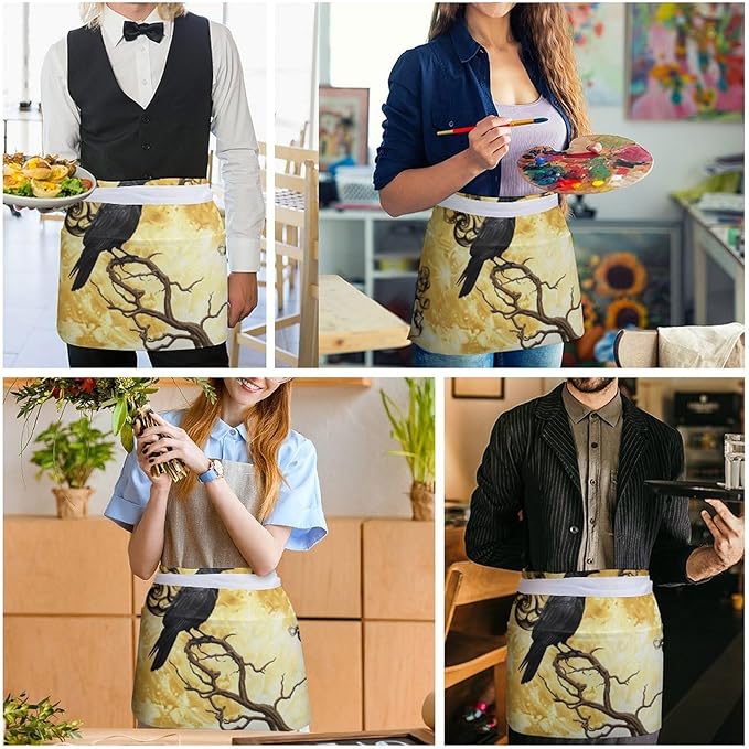 Unisex Chef Waiter Apron Waist Half Short Serving Aprons with 3 Pockets