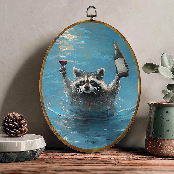zewepri Raccoon Wall Art, Wine Lover Gift – 8.6×11.4 Inches High-Density Canvas with Pre-Installed Hook for Easy Hanging, Ideal for Bedroom, Living Room, Study, or Gift for Art Lovers