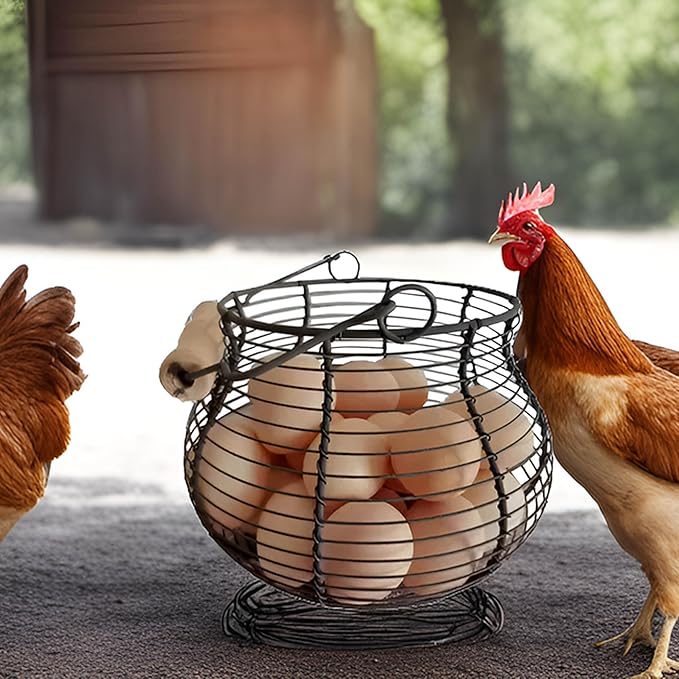 LINCOUNTRY. Farmhouse Wire Egg Baskets for Gathering Fresh Egg With Handle, Round Metal Chicken Egg Collecting Basket Countertop Holder Vintage Style for Kitchen