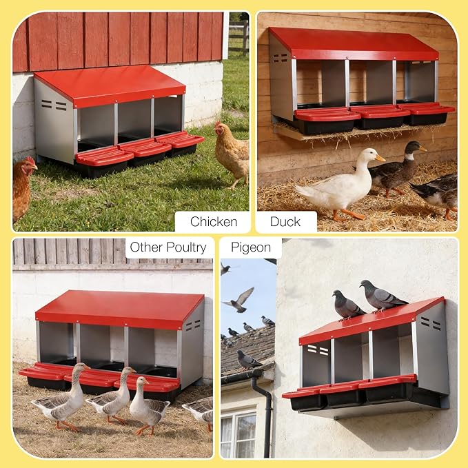 Aivituvin Chicken Nesting Box, 3 Compartments Chicken Egg Laying Box, Metal Nesting Boxes with Swing Perch for Chickens, Roll Away Egg Collection for Chicken Coop (Red)