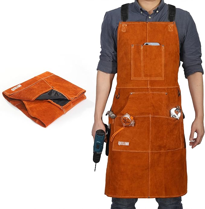 QeeLink Leather Welding Work Apron with 6 Tool Pockets, Heat & Flame Resistant Welder Aprons, 24" x 36", Adjustable M to XXXL