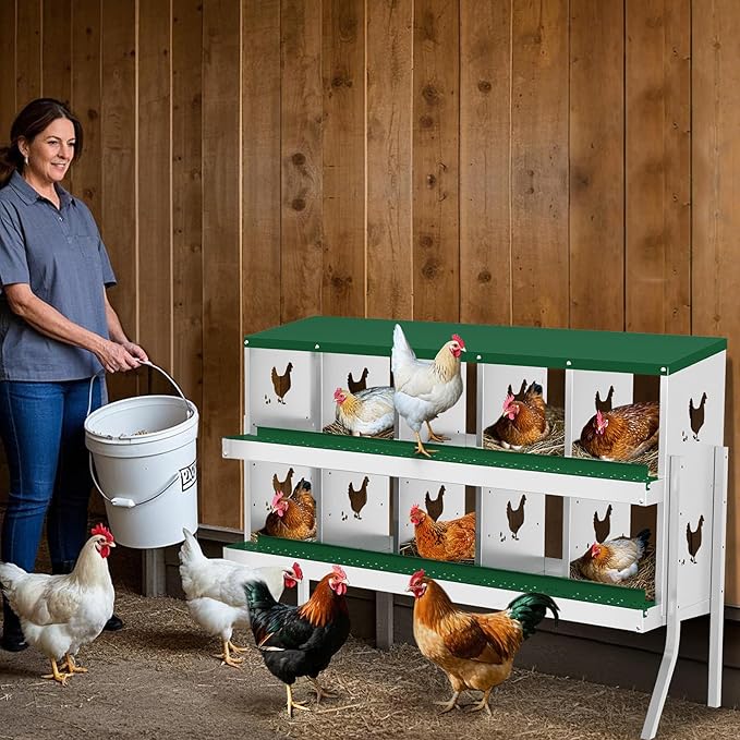 10 Holes Chicken Nesting Boxes, 2 Tiers 10 Compartments Metal Egg Laying Boxes with legs, Wall Mount or Free Standing, Ventilated for Chickens, Hens, Ducks, Farm, Yard, Poultry Coop Accessories, Green