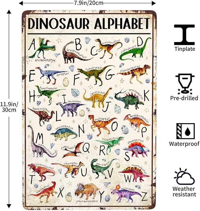JOCASA Dinasaur Alphabet Vintage Metal Poster Sign Decor-Retro Aluminum Metal Tin Sign for Home Wall Decor, Garden, Bedroom, Signs Gift,12''x 8''